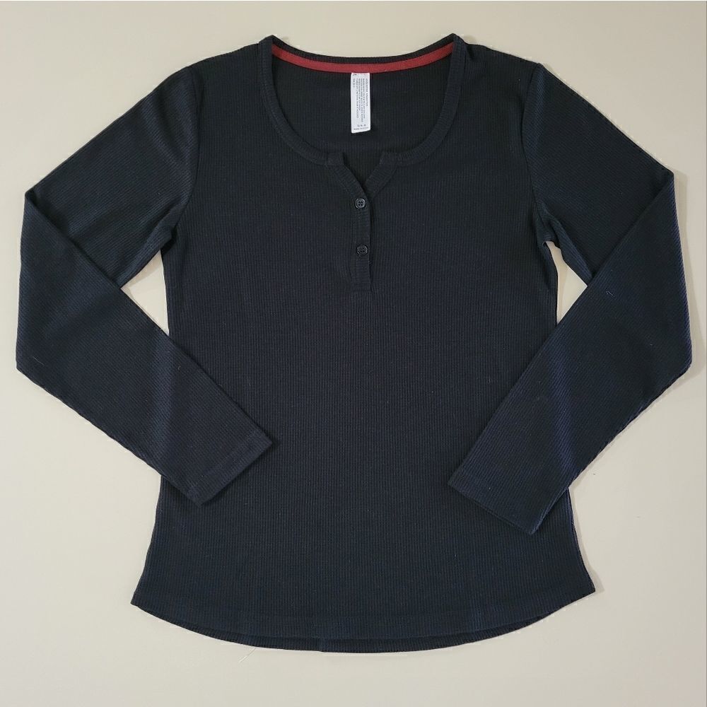 DSG Women's Waffle-knit Henley Style Long Sleeve Black Top NWOT